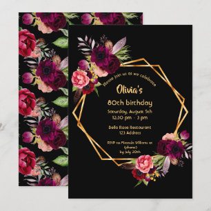 80th birthday burgundy floral gold geometric black invitation