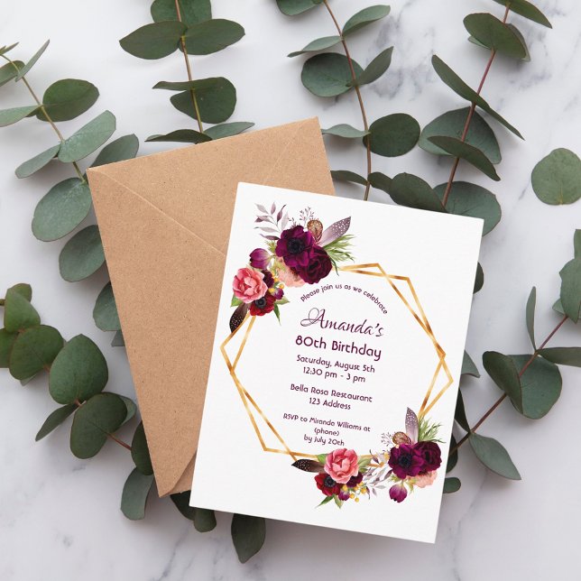 80th birthday burgundy floral gold invitation postcard (Creator Uploaded)