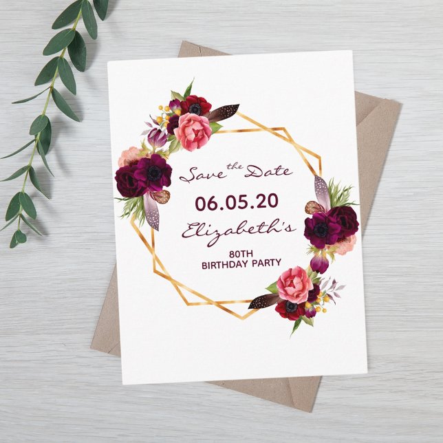 80th birthday burgundy floral white Save the Date Postcard (Creator Uploaded)