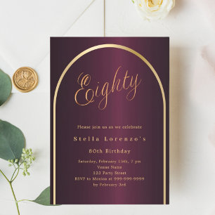 80th birthday burgundy gold arch script luxury invitation