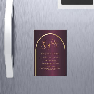 80th birthday burgundy gold arch script luxury magnetic invitation