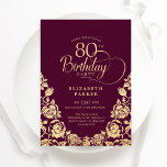 80th Birthday Burgundy Gold Roses Invitation<br><div class="desc">Burgundy gold elegant 80th birthday party invitation. Classy design featuring roses,  faux gold foil and typography script font. Trendy invite card perfect for a stylish female bday celebration. Personalise with your own details. Can be customised to any age. Printed Zazzle invitations or instant download digital printable template.</div>