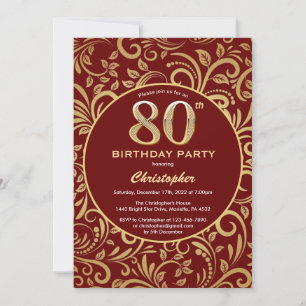 80th Birthday Burgundy Red and Gold Floral Pattern Invitation