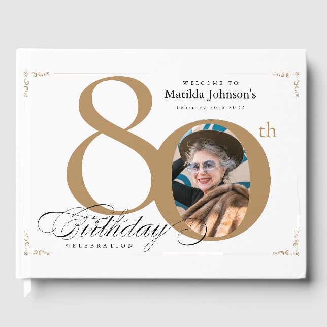 80th Birthday Calligraphy Gold White Custom Photo Guest Book (Front)