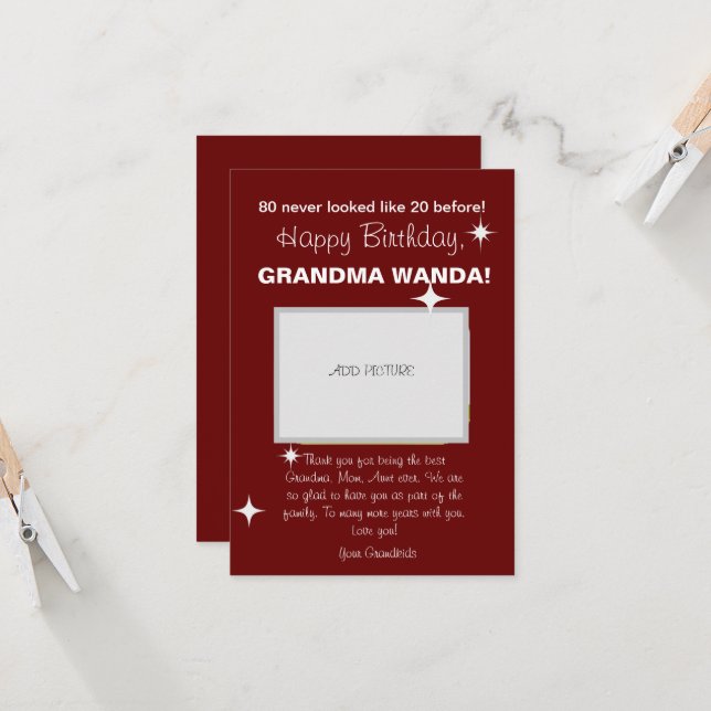 80th Birthday Card Greeting Maroon Elegance Style (Front/Back In Situ)
