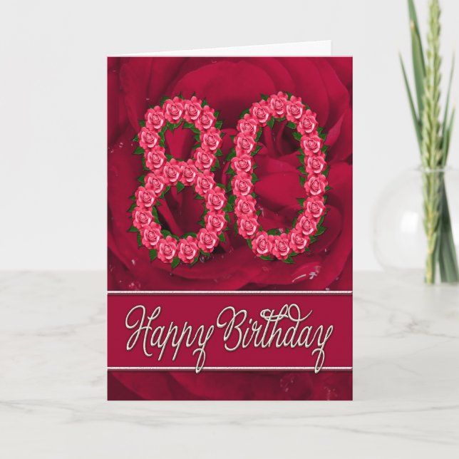 80th birthday card with roses and leaves (Front)