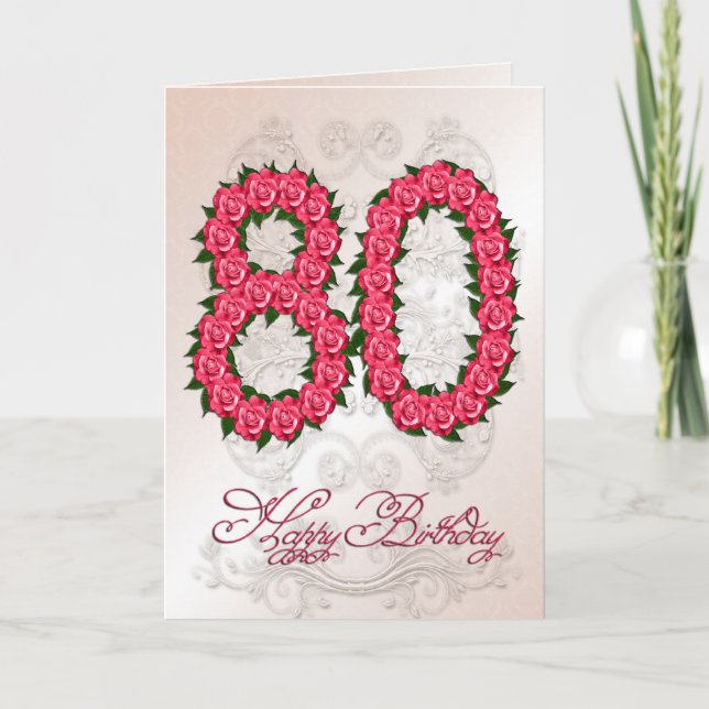 80th birthday card with roses and leaves (Front)