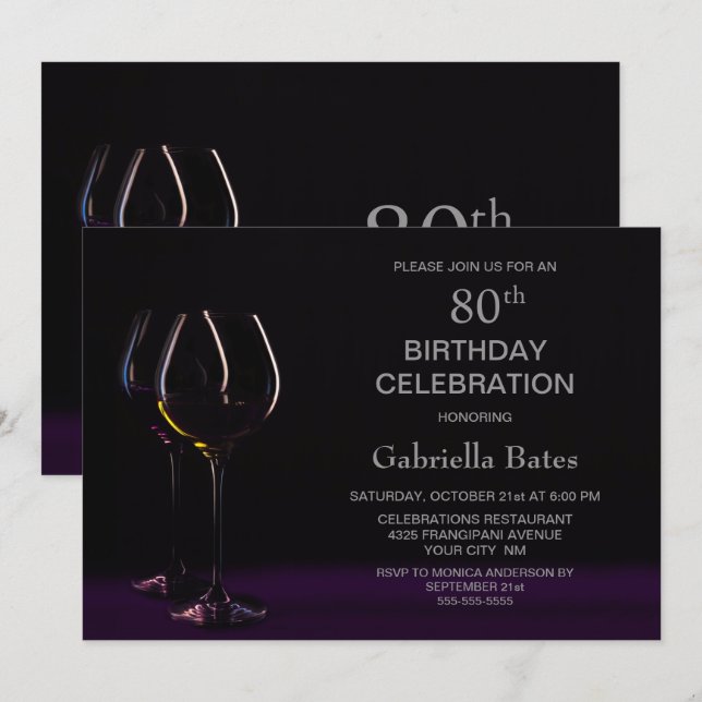 80th Birthday Celebration Black Purple Wine Glass Invitation (Front/Back)