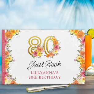 80th Birthday Celebration Floral Gold Number 80 Guest Book