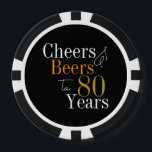 80th Birthday Cheers and Beers Black Gold Party Poker Chips<br><div class="desc">This is a cool and modern, 80th birthday party design. It is a simple, minimal design, in classic black and gold typography. Perfect for a cool and fun, 80th birthday party or celebration. Ideal for party games or for party favour gifts. This design is fully customisable, simply use the personalise...</div>