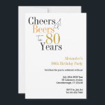 80th Birthday Cheers and Beers Minimal Party Invitation<br><div class="desc">This is a cool and modern, personalised 80th birthday party design. It is a simple, minimal design, in classic black and white, with pops of orange and gold coloured typography. Perfect for a cool and fun, 80th birthday party. It has "Cheers and Beers to 80 Years" and space you to...</div>