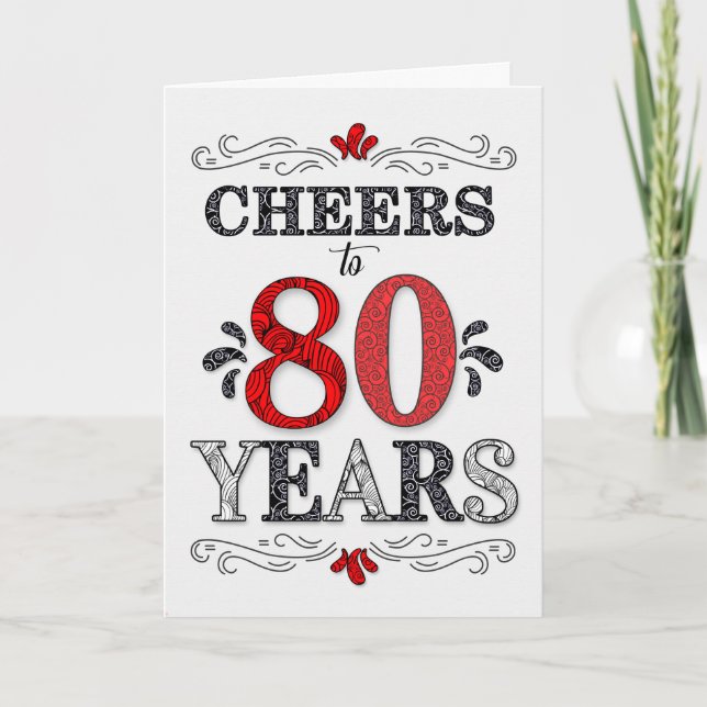 80th Birthday Cheers in Red White Black Pattern Card (Front)