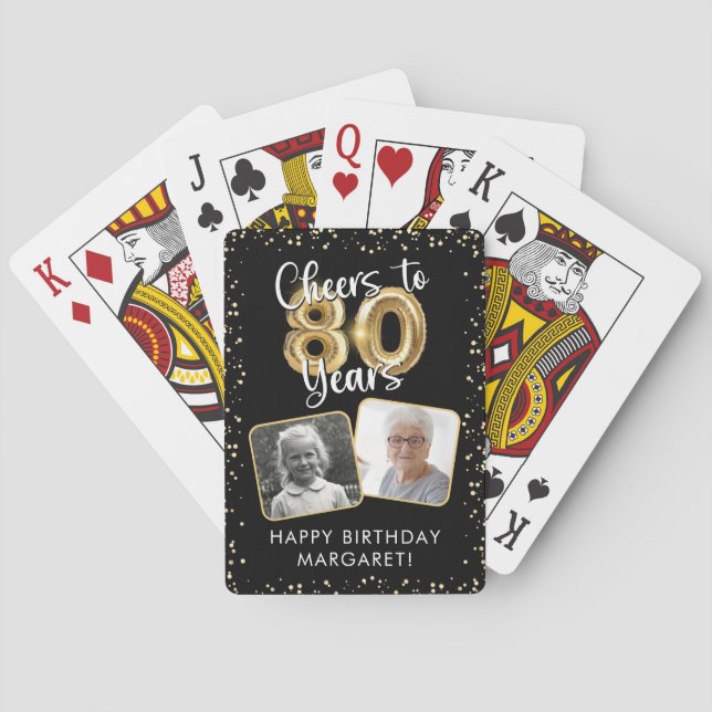 80th Birthday Cheers to 80 Years 2 Photos Black Playing Cards (Back)
