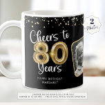80th Birthday Cheers to 80 Years 2 Photos Coffee Mug<br><div class="desc">80th Birthday Cheers to 80 Years 2 Photos Black Gold Balloon Confetti Personalised Coffee Mug. Celebrate an 80-year-old with this festive personalised mug gift featuring 2 photos, the title CHEERS TO 80 YEARS with faux metallic gold balloon numbers and confetti and modern script typography and your custom text in your...</div>