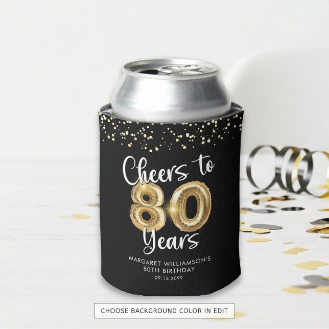 80th Birthday Cheers to 80 Years Black Gold Can Cooler (Creator Uploaded)