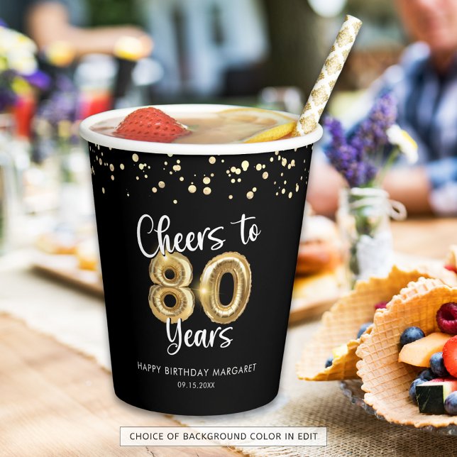 80th Birthday Cheers to 80 Years Black Gold Paper Cups (Creator Uploaded)
