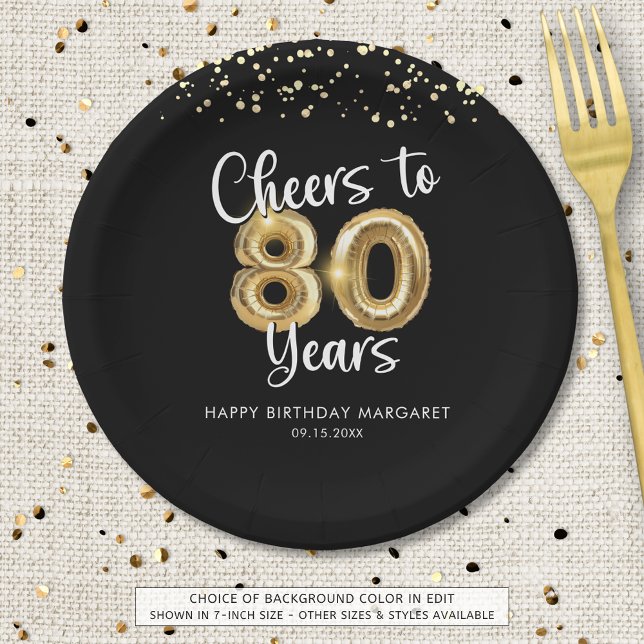 80th Birthday Cheers to 80 Years Black Gold Paper Plate (Creator Uploaded)
