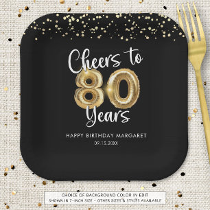 80th Birthday Cheers to 80 Years Black Gold Paper Plate