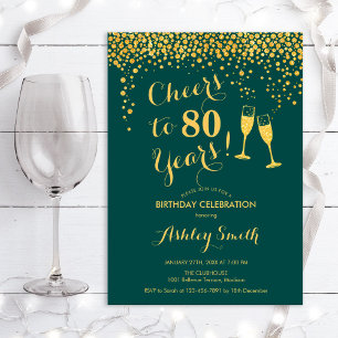 80th Birthday - Cheers To 80 Years Emerald Green Invitation