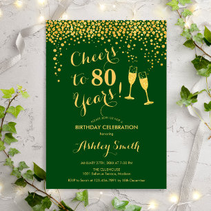 80th Birthday - Cheers To 80 Years Gold Green Invitation