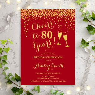 80th Birthday - Cheers To 80 Years Gold Red Invitation
