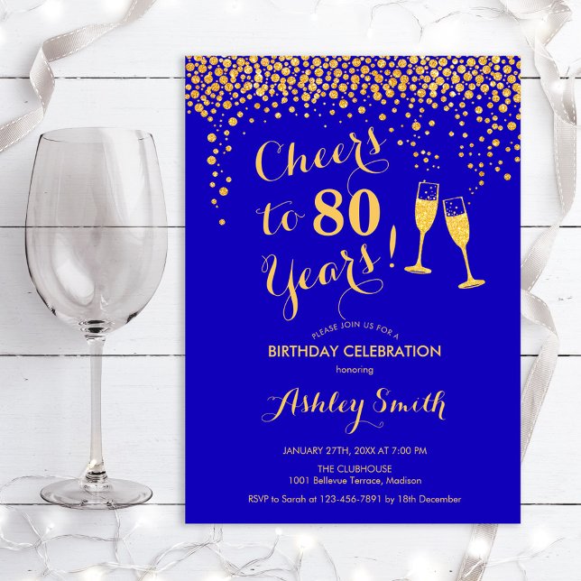 80th Birthday - Cheers To 80 Years Gold Royal Blue Invitation (Creator Uploaded)