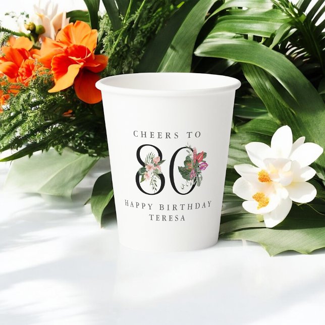 80th Birthday Cheers with Name Tropical Floral Paper Cups (Creator Uploaded)