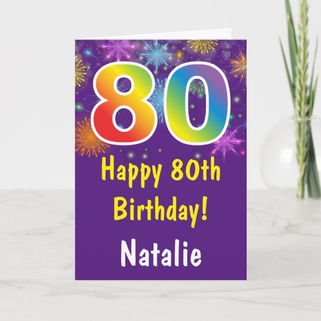 80th Birthday Colorful Rainbow Fireworks Purple Card (Front)
