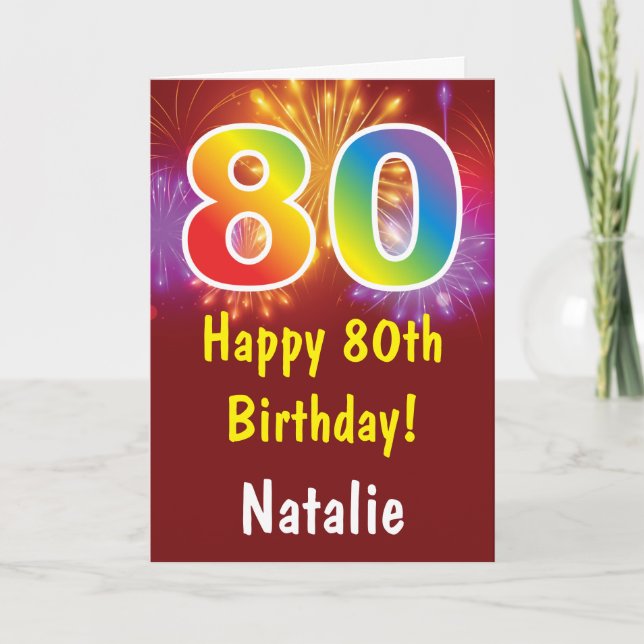 80th Birthday Colorful Rainbow Fireworks Red Card (Front)
