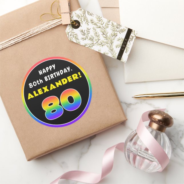 80th Birthday: Colourful Rainbow # 80, Custom Name Classic Round Sticker (Gifting)