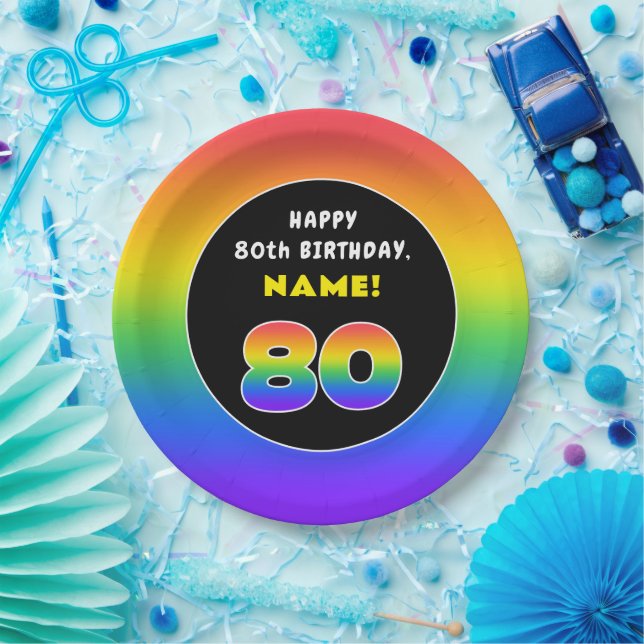 80th Birthday: Colourful Rainbow # 80, Custom Name Paper Plate (Party)