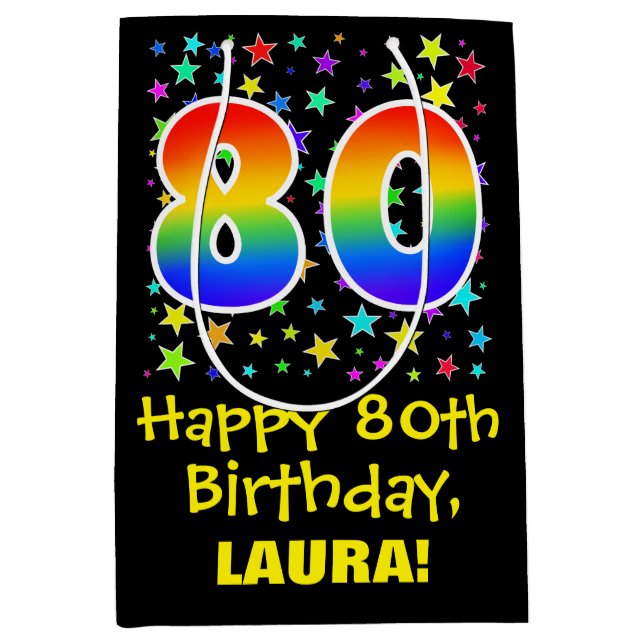 80th Birthday: Colourful Stars Pattern & Rainbow 8 Medium Gift Bag (Front)