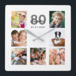 80th birthday custom photo collage family square wall clock<br><div class="desc">A wall clock as a gift for a 80th birthday for a woman, celebrating her life with a collage of 7 of your photos. Personalise and add a name, age 80 and a date. Date of birth or the date of the anniversary. Black and grey coloured letters. A chic white...</div>