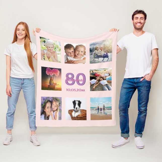 80th birthday custom photo collage rose gold pink fleece blanket (In Situ)