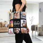 80th birthday custom photo collage woman black tote bag<br><div class="desc">A unique gift for a woman's 80th birthday, celebrating her life with a collage of 8 of your own photos, pictures. Personalise and add her name, age 80 and a date. A chic black background. Grey and white letters and numbers. The name is written with a modern hand lettered style...</div>