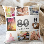 80th birthday custom photo collage woman white cushion<br><div class="desc">A unique gift for a womans 80th birthday, celebrating her life with a collage of 8 of your own photos, pictures. Personalize and add her name, age 80 and a date. A chic white background. Gray and black letters and numbers. The name is written with a modern hand lettered style...</div>