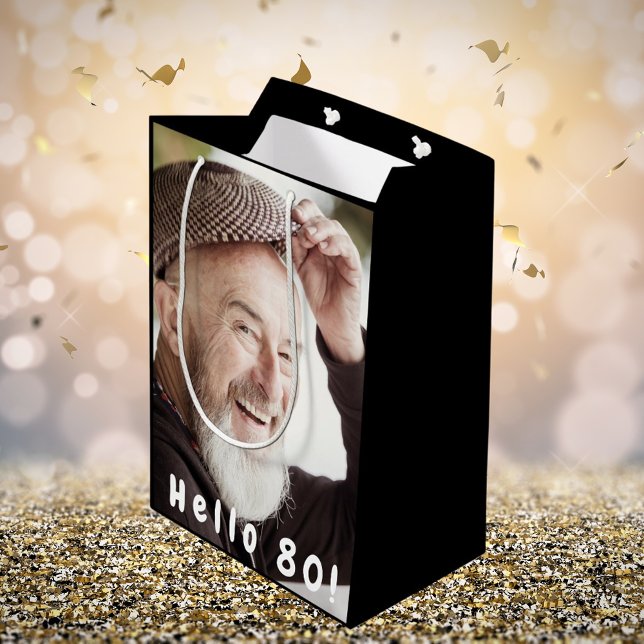 80th birthday custom photo hello 80 guy man medium gift bag (Creator Uploaded)