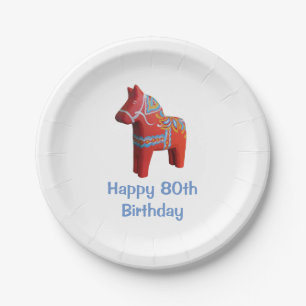 80th Birthday Dala Horse Paper Plate