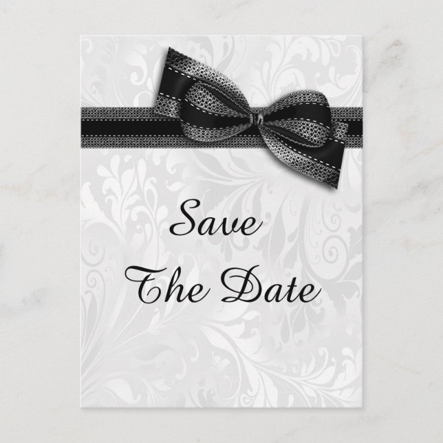 80th Birthday Damask and Faux Bow Save The Date Announcement Postcard (Front)