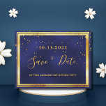 80th birthday dark blue gold save the date postcard<br><div class="desc">A Save the Date card for a 80th birthday party for a guy, man, male. A dark blue background decorated with golden confetti and a faux gold and black frame. The blue colour is uneven. Templates for a date and name/age 80. Golden coloured letters. The text: Save the Date is...</div>