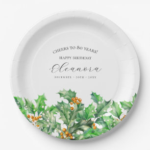 80th Birthday December Birth Flower Holly Custom Paper Plate