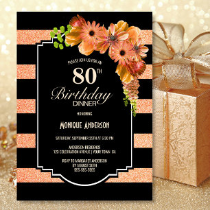80th Birthday Dinner Black Orange Striped Floral Invitation