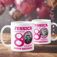 80th Birthday doubled sided photo name pink text