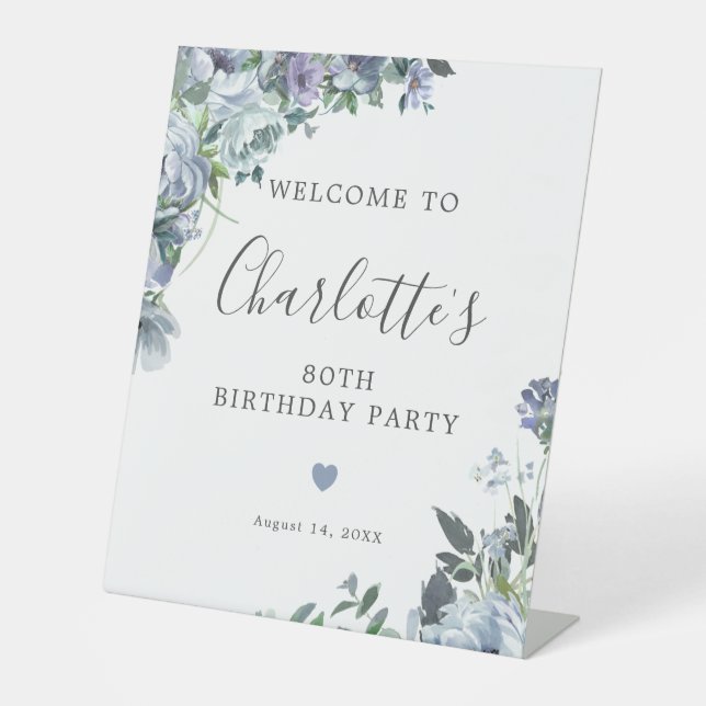 80th Birthday Dusty Blue Floral Welcome Pedestal Sign (Front)