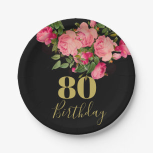 80th Birthday Eightieth Black Gold Rose Elegant Paper Plate