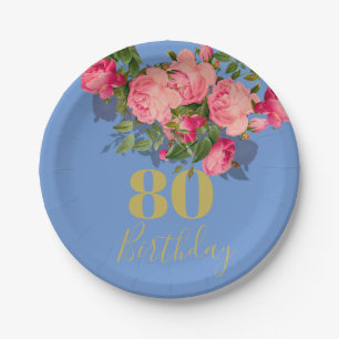 80th Birthday Eightieth  Blue Rose Elegant Paper Plate