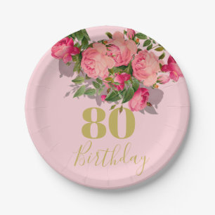 80th Birthday Eightieth Pink Rose Elegant Paper Plate