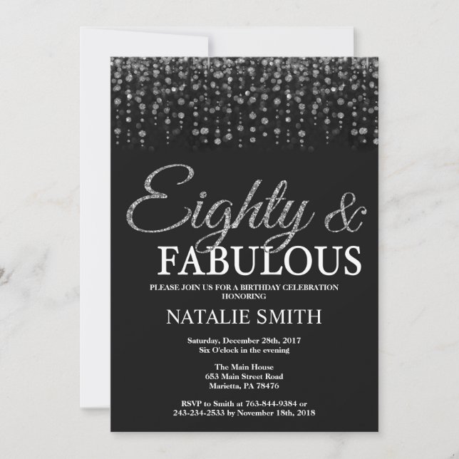 80th Birthday Eighty and Fabulous Silver Glitter Invitation (Front)