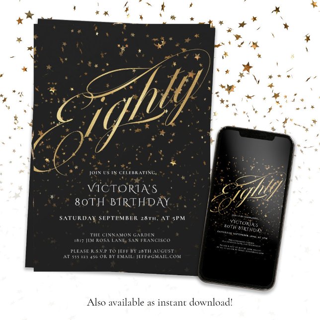 80th Birthday Eighty Black Gold Confetti Elegant Invitation (80th Birthday Eighty Black Gold Confetti Elegant Invitation)