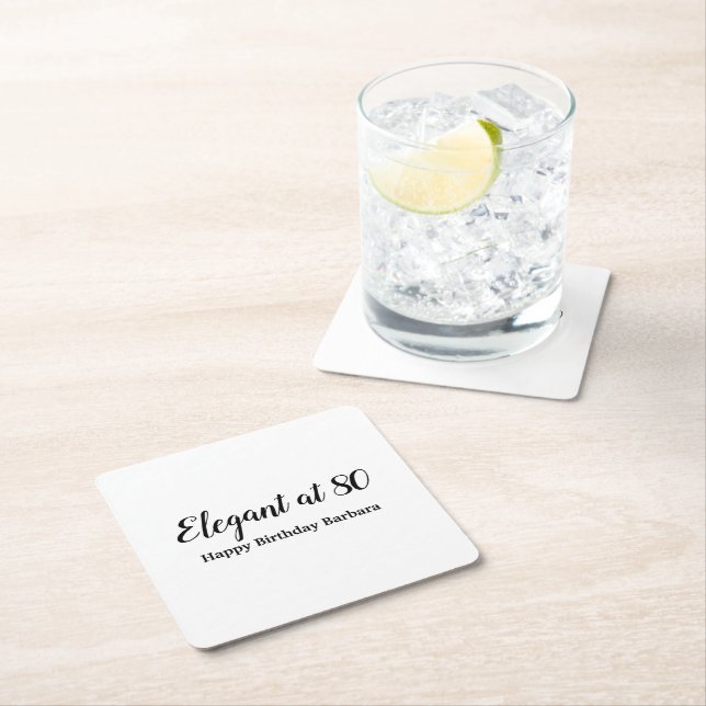 80th birthday elegant at 80 black personalise square paper coaster (Insitu)